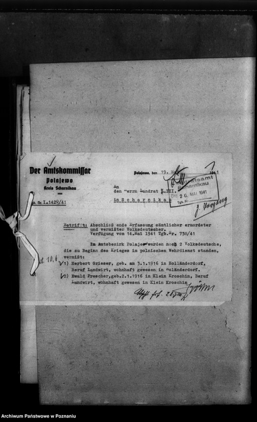 Obraz 5 z jednostki "Kreis Scharnikau (Czarnków). Wykazy miejscowych Niemców, którzy zginęli w 1939 roku - korespondencja"