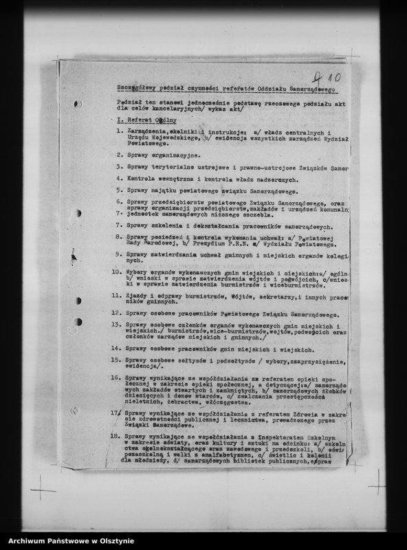 Obraz 13 z jednostki "Szczegółowy podział czynności i rzeczowy podział akt oddz. samorządowych i U. W."