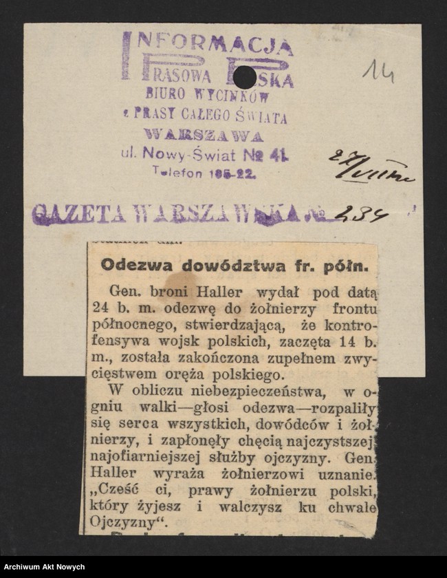 image.from.unit "Walki Armii Ochotniczej pod Warszawą. Wycinki prasowe."