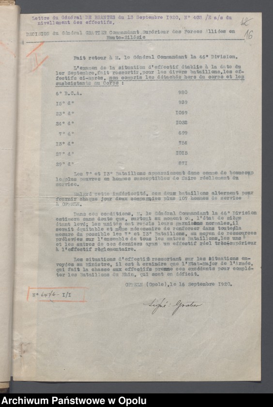 Obraz 18 z jednostki "Recrutement-Effectifs-Renforts-Situations /Korespondencja dotycząca uzupełnień, demobilizacja, wzmocnienie stanów liczebnych oddziałów/ 3.09.1920"