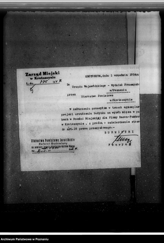 Obraz 9 z jednostki "Zatwierdzenie zakładu przemysłowego /Rzeźnia Miejska/ w Krotoszynie"