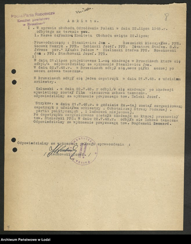 Obraz 9 z jednostki "Sprawozdania miesięczne instruktorów propagandy komitetów powiatowych i komitetów miejskich [z załącznikami za 1948 rok]"