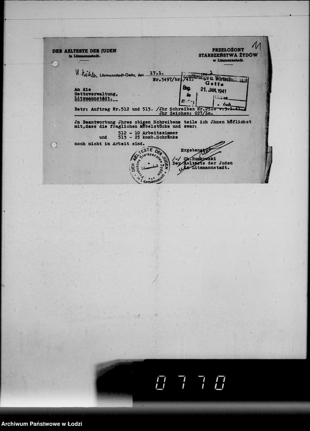 Obraz 15 z jednostki "Ausgelieferte und bezahlte Kommisionen Konto 1-6. [Wnioski na meble biurowe w zakładzie Getta w Łodzi]"