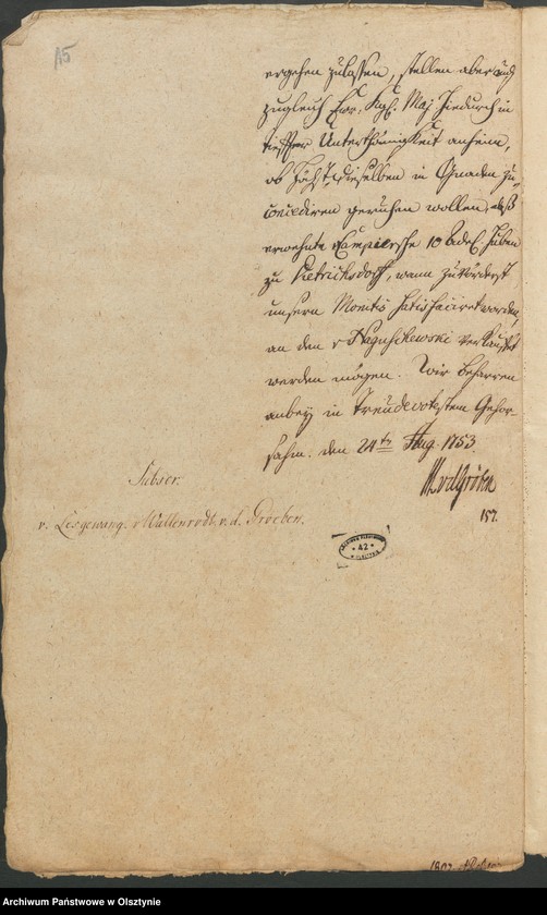 image.from.unit.number "In S. [Sachen] der verwittibten Lieutenantin Sophia Elisabeth von Campier. Den Verkauff ihrer 10 Adelichen Huben in Dietrichsdorff [Wietrzychowo] an den Christoph von Naguschewski"