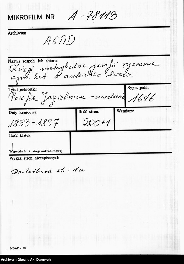 image.from.unit.number "Parafia: Jagielnica. Dekanat: Czortków. Księga metrykalna urodzeń tylko dla wsi: Ułaszkowce* i Zabłotówka**."