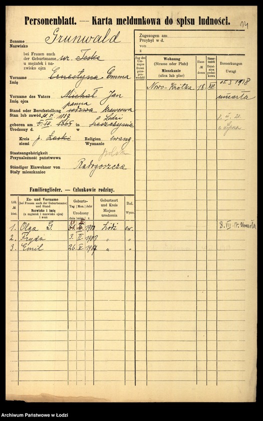 Obraz 16 z jednostki "[Spis ludności Łodzi] Grünwald - Grużewski"