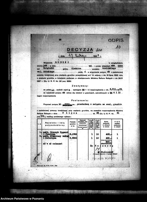 Obraz 13 z jednostki "Sprawa przyznania pomocy kredytowej uczestnikom scalenia gruntów wsi Świętniki powiatu konińskiego"