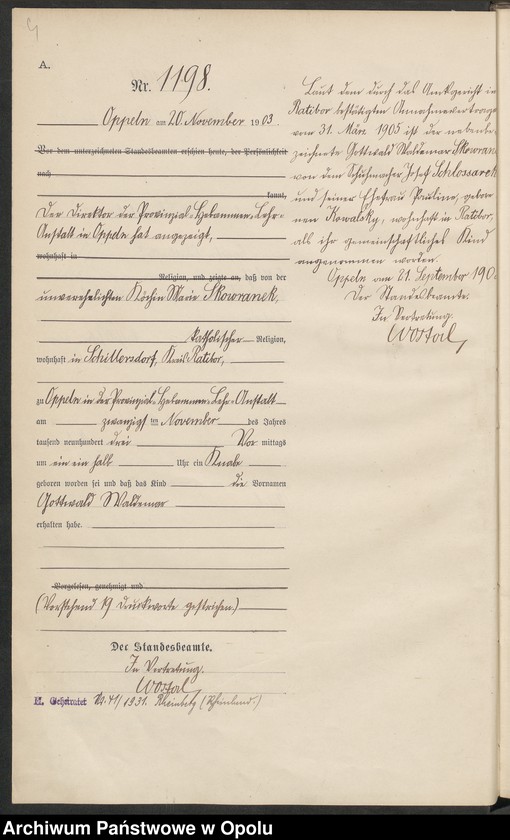 Obraz 8 z jednostki "Urząd Stanu Cywilnego w Opolu 1903 Rejestr Urodzeń Księga Miejscowa Nr 1196 do 1355"