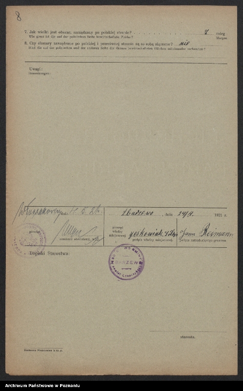 Obraz 8 z jednostki "[Kwestionariusze dotyczące stwierdzenia gruntów znajdujących się po niemieckiej stronie pogranicza a zarządzanych przez zamieszkałych po stronie polskiej] powiat leszczyński"