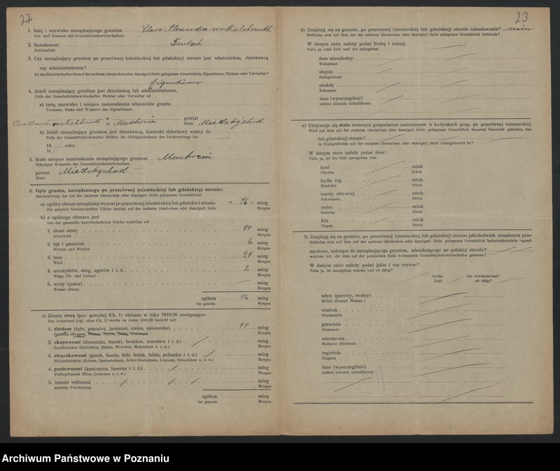 Obraz 19 z jednostki "[Kwestionariusze dotyczące stwierdzenia gruntów znajdujących się po niemieckiej stronie pogranicza a zarządzanych przez zamieszkałych po stronie polskiej] powiat Międzychód"