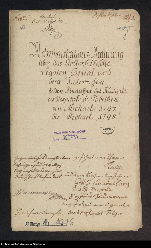 image.from.unit.number "Administrations Rechnung über des Stolterfothsche Legaten Capital und derer Intereßen deßen Einnahme und Ausgabe zu Pobethen Von Michael 1797 bis Michael 1798"
