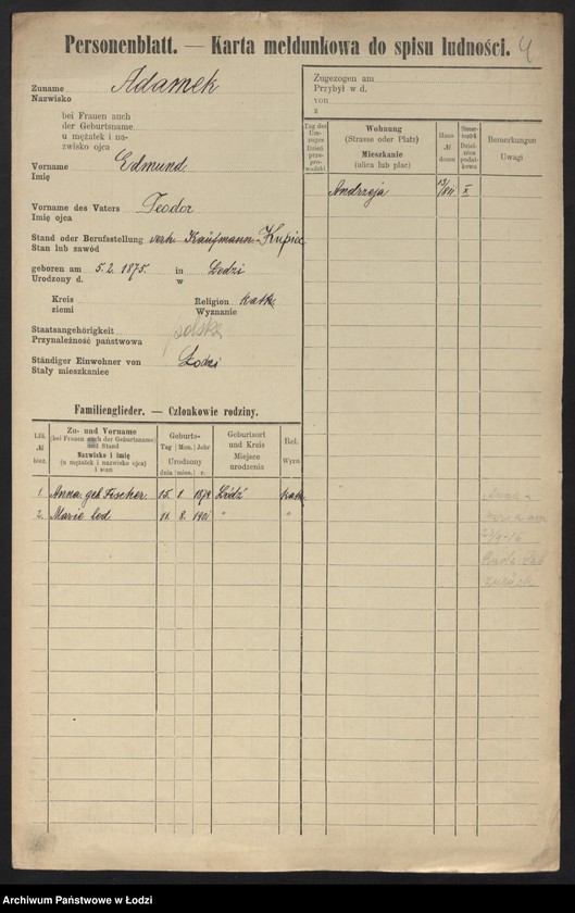 Obraz 6 z jednostki "[Spis ludności Łodzi] Adamek - Adaś"