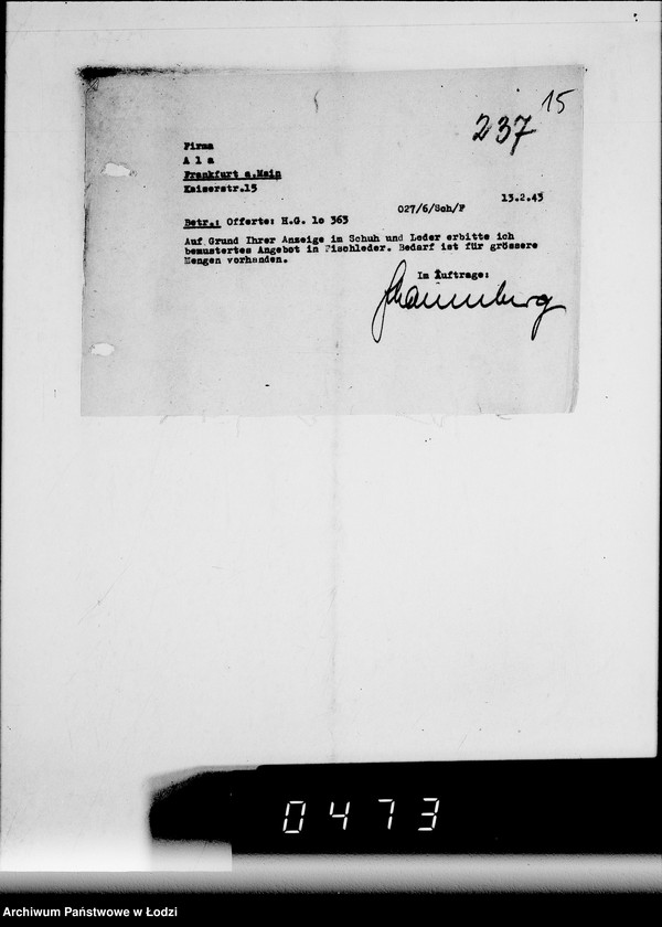 Obraz 19 z jednostki "Sammelschriftwechsel der Firmen A-G [Korespondencja z firmami w sprawach ofert i dostarczenia różnych towarów do Getta]"