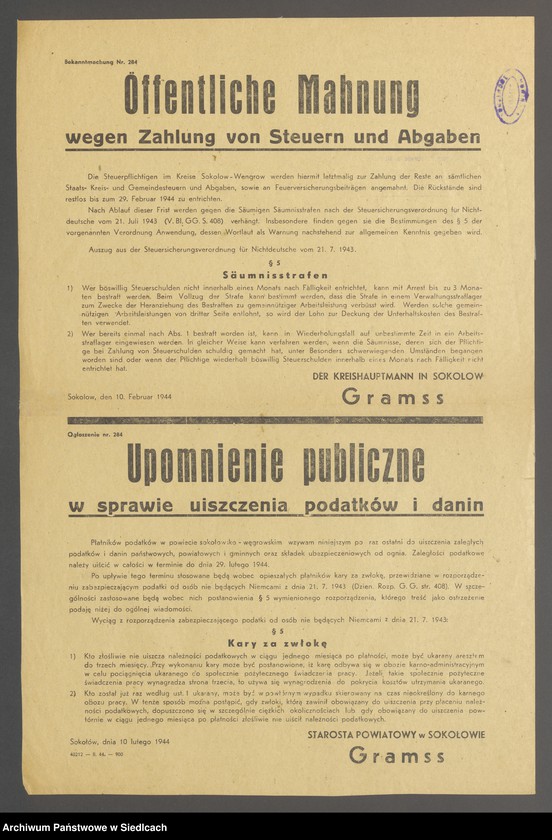 Obraz 7 z kolekcji "Afisze okupacyjne powiatu sokołowskiego 1939-1944.111"