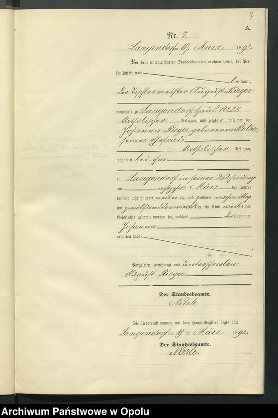 Obraz 11 z jednostki "Geburts-Neben-Register des Standesamts Langendorf pro 1892"