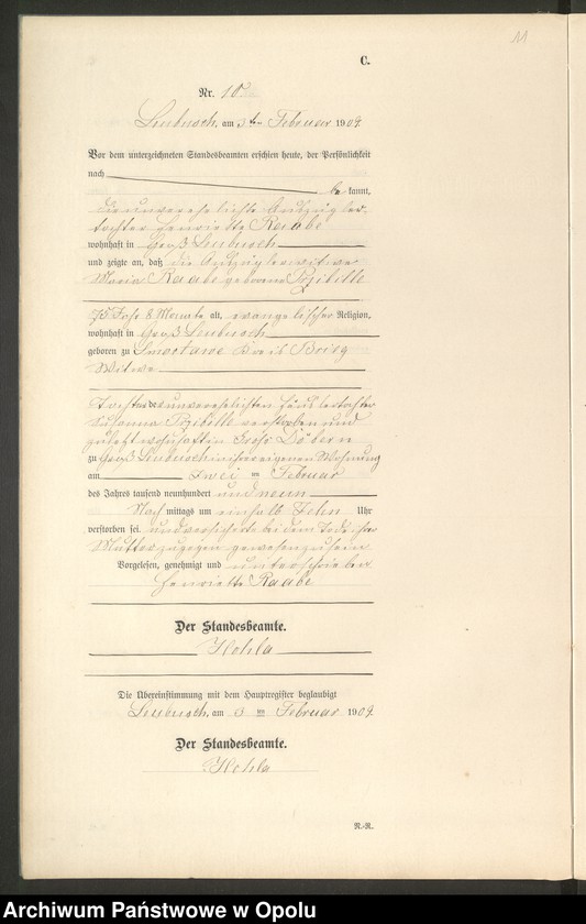 image.from.unit.number "Sterbe-Register (Neben-Register) Standesamt Leubusch 1909"