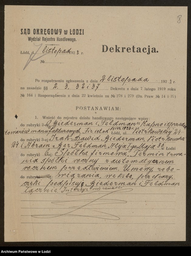 Obraz 10 z jednostki "Izaak Dawid Biederman i Abram Feldman- kupno i sprzedaż towarów manufakturowych"