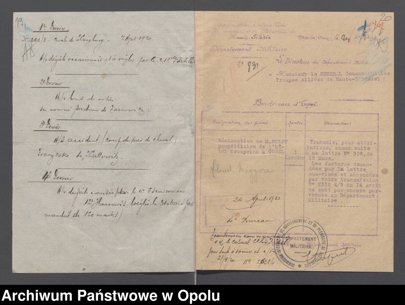 Obraz 20 z jednostki "Reparations civiles-Contentieux /Korespondencja i zarządzenia w sprawie odszkodowań cywilnych - sprawy sporne, wypadki, szkody/ 8.03 - 30.12.1920"