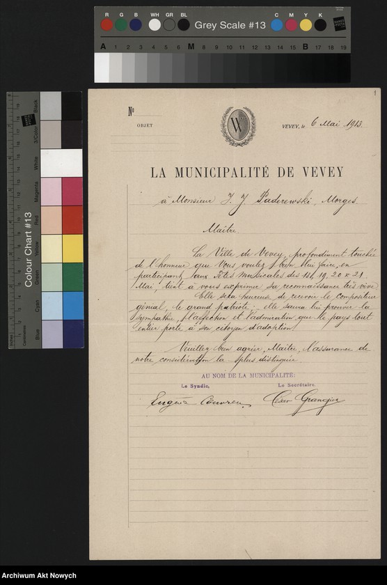 Obraz 3 z jednostki "Municiapalité de Vevey; Załączniki: a) zaproszenia; b) wycinek prasowy; c) 2 fotografie Bulwaru I. J. Paderewskiego; L.19 (odpowiedzi - rękopisy)"
