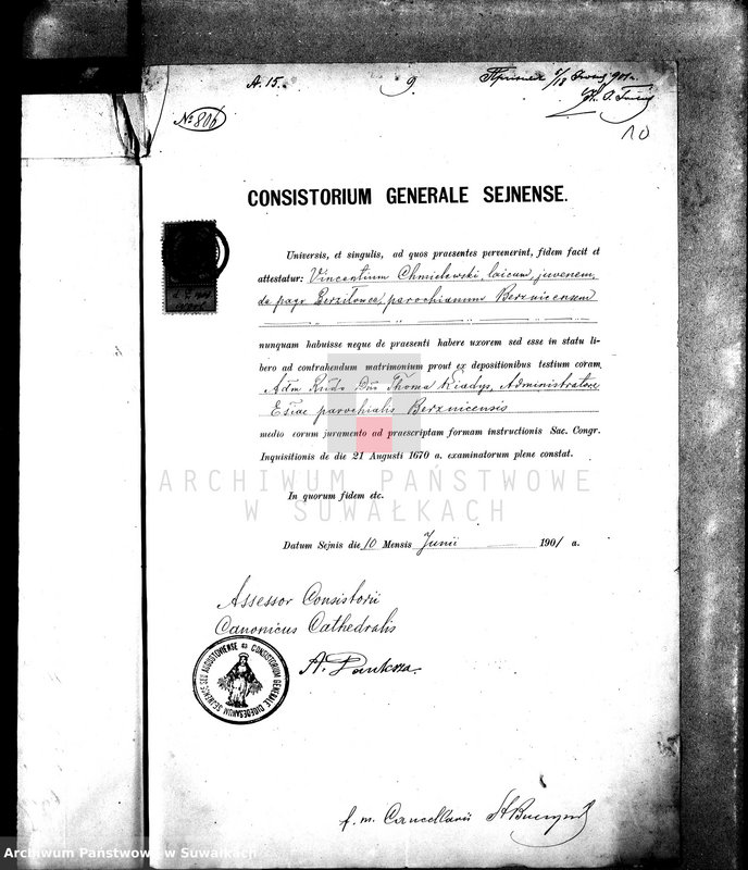 Obraz 14 z jednostki "Dokumenty k aktam brakosočetavšichsja Sejnskago Rimsko-Katoličeskago Prichoda za 1901 god."