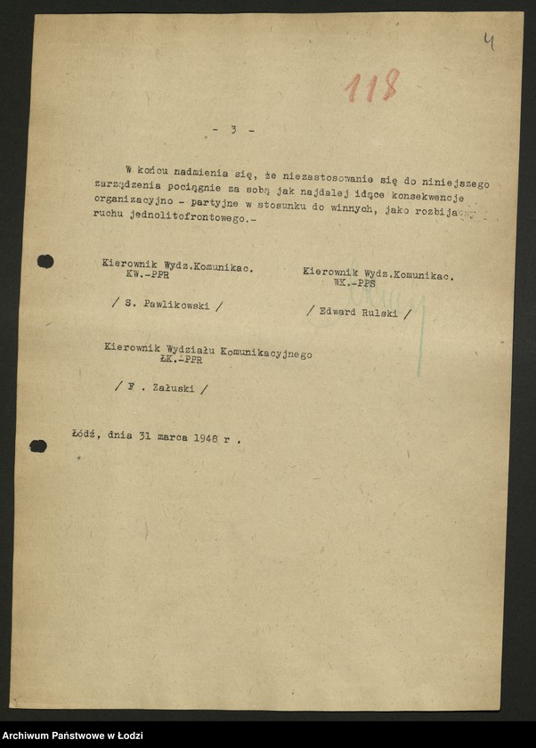 Obraz 5 z jednostki "Protokół z posiedzenia Oddziału Komunikacyjnego WK PPS i Wydziału Komunikacyjnego KW PPR. Okólnik międzypartyjne."