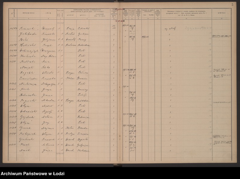 Obraz 8 z jednostki "Księga kontroli ruchu ludności (rejestr osób przybywających do gminy) Łódź, komisariat VIII, ks. V, nr 11249-11615"