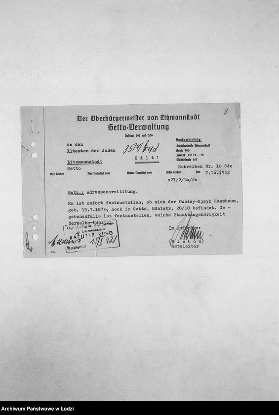 Obraz 11 z jednostki "[Korespondencja PSŻ z GV, z instytucjami i firmami niemieckimi w sprawie informacji o mieszkańcach getta: ich adresach, majątku, narodowości itp. – w związku z rentami i wierzytelnościami]"