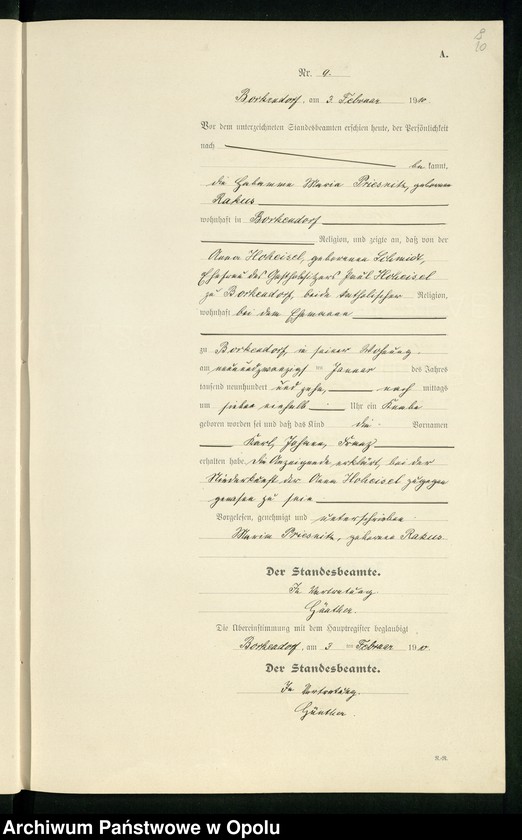 image.from.unit.number "Geburts-Register (Neben-Register) Standesamt Borkendorf 1910 No. 1 bis 60."