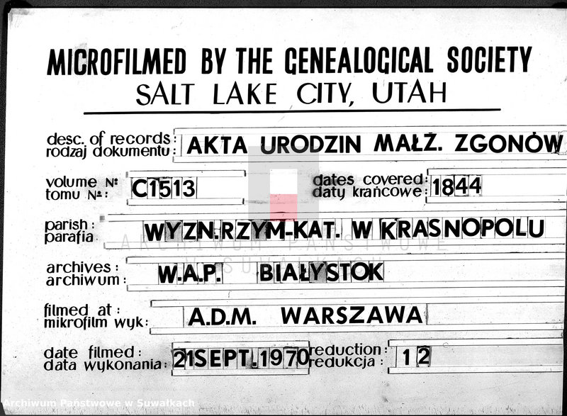 image.from.unit.number "Duplikat Akt Urodzonych, Zaślubionych i Umarłych Parafii Krasnopolskiey z Roku 1844."