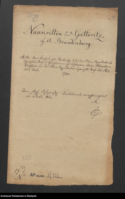 image.from.unit.number "Naukritten und Gatteritz, H. [Haupt] A. [Amt] Brandenburg [Pokarmin]. Acta den Consens zum Verkaufe durch den Ober=Appelations=Gerichts=Rath u Hauptamtmann zu Taplacken, Hans Albrecht v. [von] Kreytzen an den Ober=Appellationsgerichts=Rath Joh. [Johann] Philipp Lau"