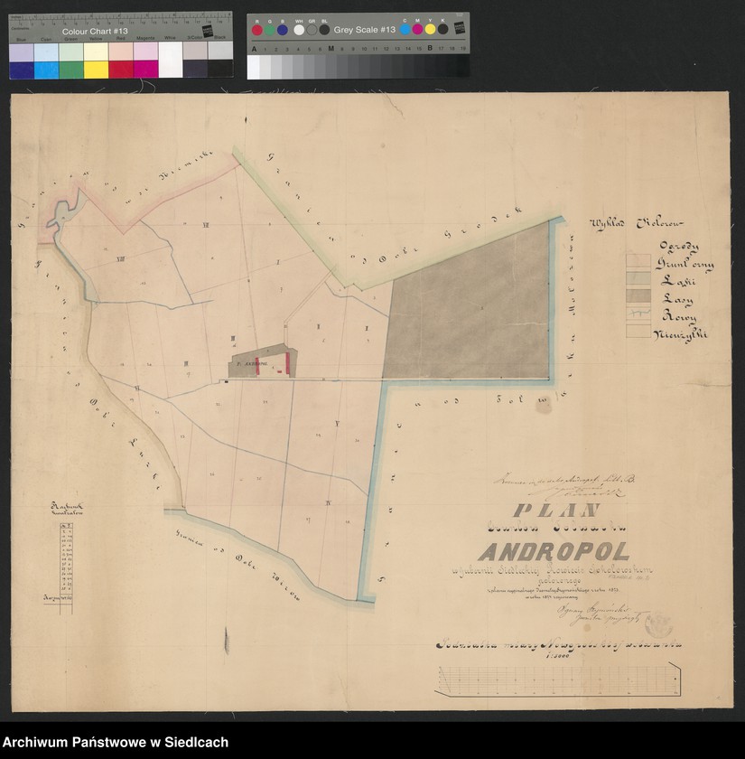 image.from.unit "ANDROPOL folwark, powiat sokołowski.  Plan gruntów folwarku Andropol.  Granice z: dobra Gródek, folwark Mołożew, dobra Wirów, dobra Łuzki, wieś Niemirki.  Rowy.  Drogi.  Własność folwarczna.  Ogrody, grunty orne, łąki, nieużytki, lasy.  Folwark.  Zabudowania folwarczne."