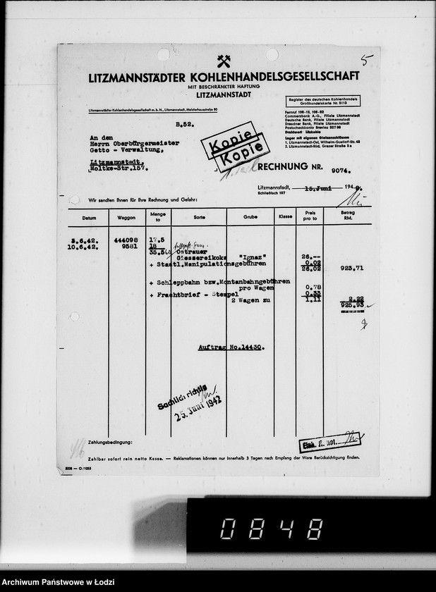 Obraz 9 z jednostki "Aufträge [Lieferscheinen und Rechnungen] 14370-14430 [Dostawy artykułów pierwszej potrzeby do Getta]"