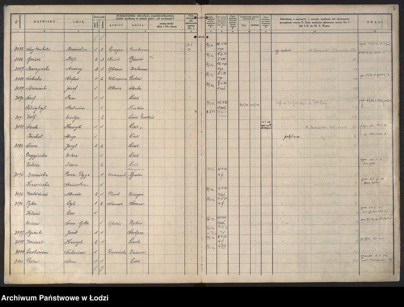 Obraz 7 z jednostki "Księga kontroli ruchu ludności (rejestr osób przybywających do gminy) Łódź, komisariat VII, ks. II, nr 3051-6051"