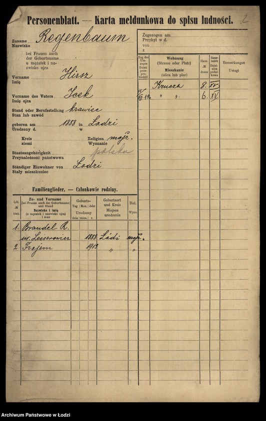 Obraz 4 z jednostki "[Spis ludności Łodzi] Regenbaum-Rentel"
