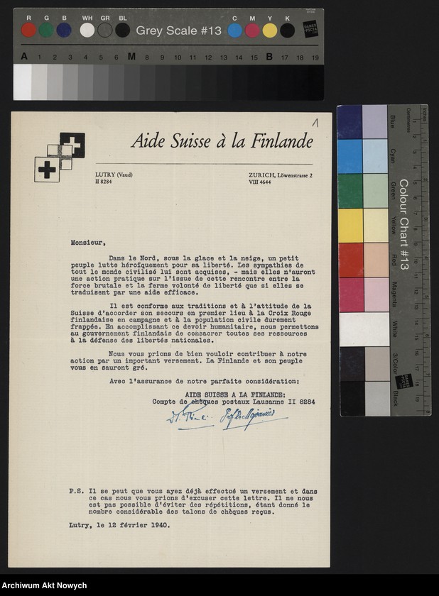 image.from.unit.number "Aide Suisse à la Finlande; Załączniki: a) apel "Aux amis de la Finlande!" z dn. 15 IV 1940 r. (druk); b) "Aidez les Finlandais! Appel a tous les amis de la Finlande!" (druk); c) przekaz pocztowy "Aide Suisse a la Finlande""
