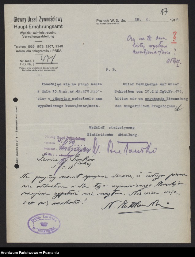 Obraz 19 z jednostki "[Kwestionariusze statystyczne dotyczące suszarni i krochmalni ziemniaków]"