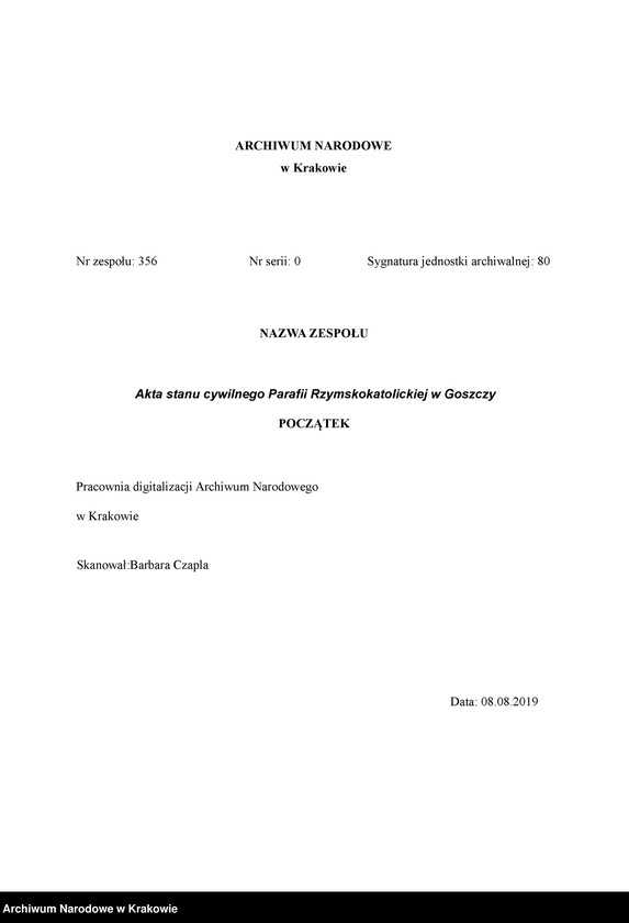 Obraz 1 z jednostki "Duplikat Aktów Urodzonych, Zaślubionych i Zmarłych w Parafii Goszcza w 1892 r."