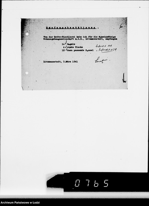 Obraz 10 z jednostki "Ausgelieferte und bezahlte Kommisionen Konto 1-6. [Wnioski na meble biurowe w zakładzie Getta w Łodzi]"