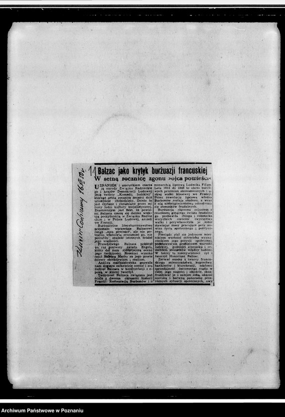 Obraz 14 z jednostki "Protokoły zebrań zarządu oddziału, brudnopisy, wycinki prasowe, m.in. dotyczące uczczenia 100 rocznicy śmierci Balzaka"