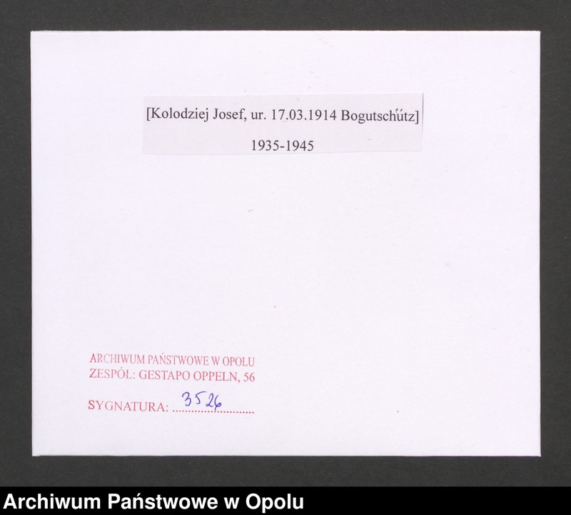 Obraz 2 z jednostki "[Kolodziej Josef, ur. 17.03.1914 Bogutschütz]"