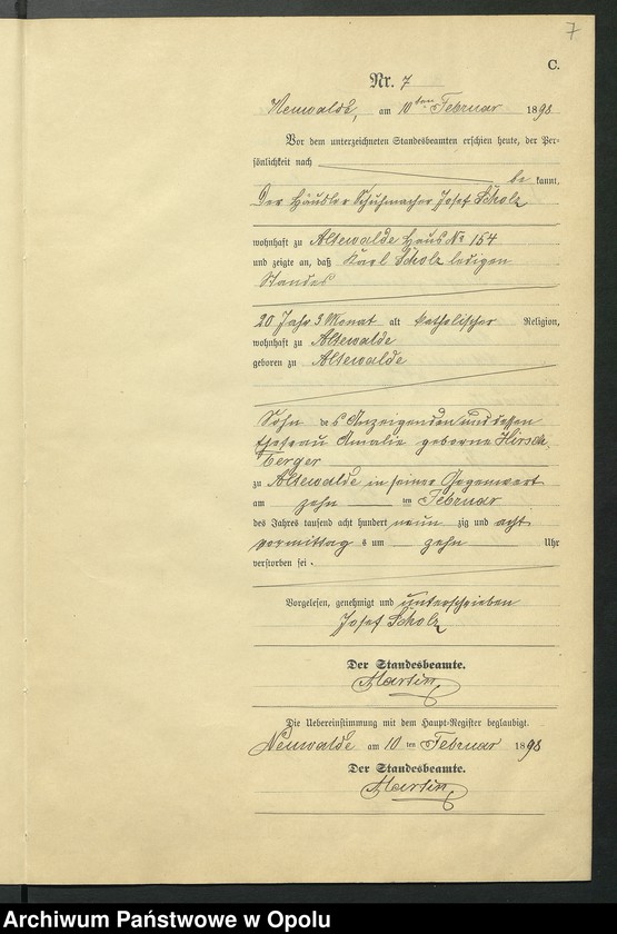 Obraz 11 z jednostki "Sterbe-Neben-Register des Standesamts Altewalde pro 1898"