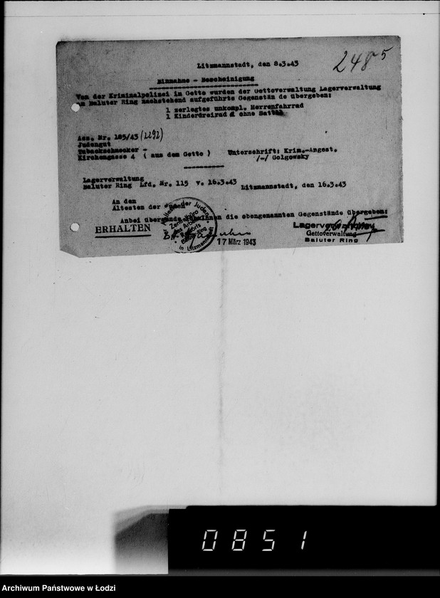 Obraz 9 z jednostki "[Konfiskata przez Kripo w Getcie ruchomego mająktu żydowskiego] Nr 1-250"