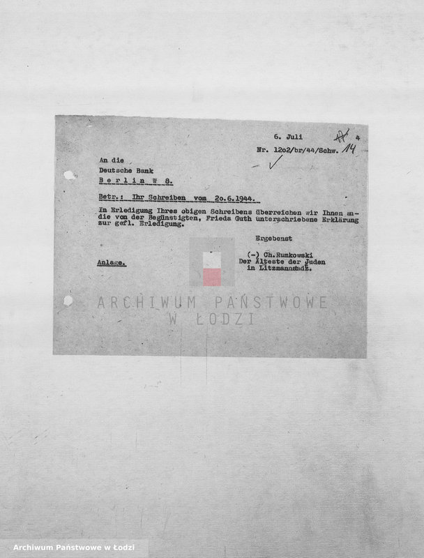 Obraz 17 z jednostki "Banken [Korespondencja PSŻ z GV i bankami niemieckimi w sprawie przekazów pieniężnych dla ludności getta]"