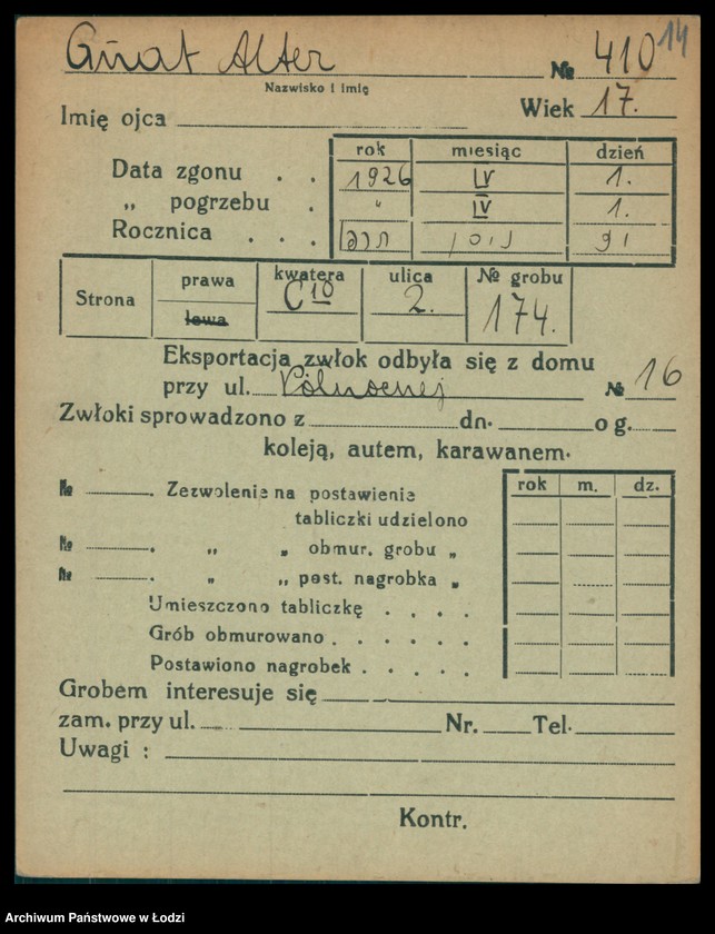 Obraz 15 z jednostki "Kartoteka osób pochowanych na cmentarzu żydowskim przy ulicy Brackiej w latach 1892-1955. Nazwiska na litery: Gl-Goldbe"