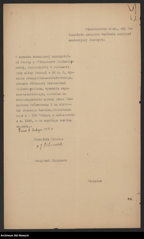 image.from.unit.number "Przeniesienie forum sądowego spraw rozwodowych do Sądów Konsystorskich Ewangelicko - Augsburskiego i Ewangelicko - Reformowanego oraz skrócenie rocznego terminu zapozwu w sprawach rozwodowych, rozpatrywanych przed najwyższymi sądami. Reskrypty Naczelnika Państwa, wnioski, korespondencja z Min. Wyznań Religijnych i Oświecenia Publicznego"