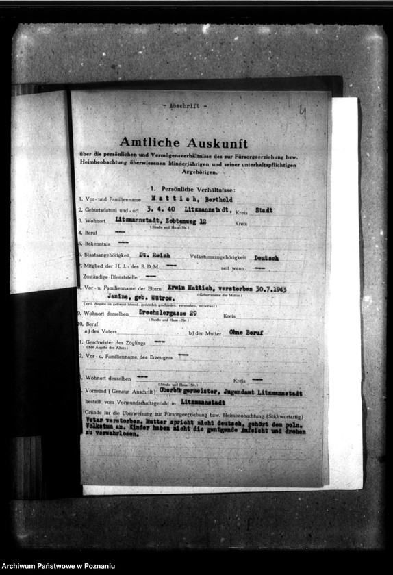 Obraz 8 z jednostki "[Akta personalne wychowanka Bertholda Mattich, ur. 3 IV 1940]."