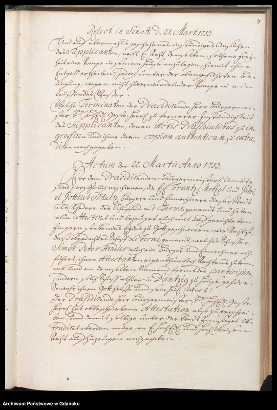 image.from.unit.number "Actum coram Officio […] Nathanaelis Godfredi Ferber Praeconsulis ac Praesidis [14.III.1753-18.III.1754] Nathanaelis Godofredi Ferber nec non Fisci Administratoris [5.VII.1753-6.XI.1753] /indeks/"