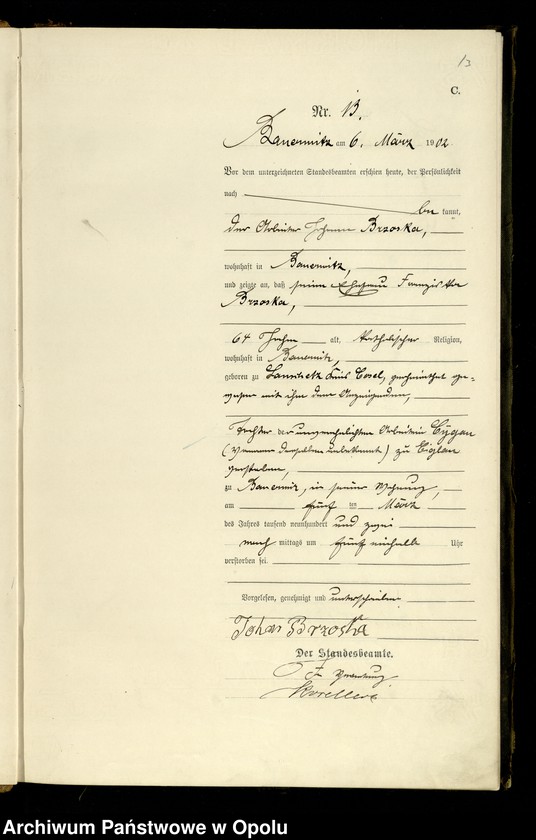 Obraz 16 z jednostki "Sterbe-Haupt-Register Standesamts Bauerwitz pro 1902"