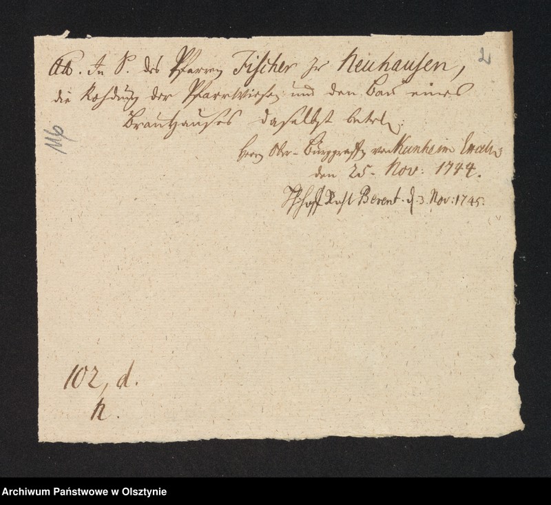 image.from.unit.number "In S. [Sachen] des Pfarrer Fischer zu Neuhausen [Romnowo]. Die Rohdung der Pfarr Wiesen und den Bau eines Brau=Hauses"