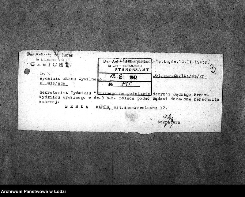 Obraz 6 z jednostki "[Korespondencja z Sądem w sprawach danych personalnych ludności getta (zmarłej)]"